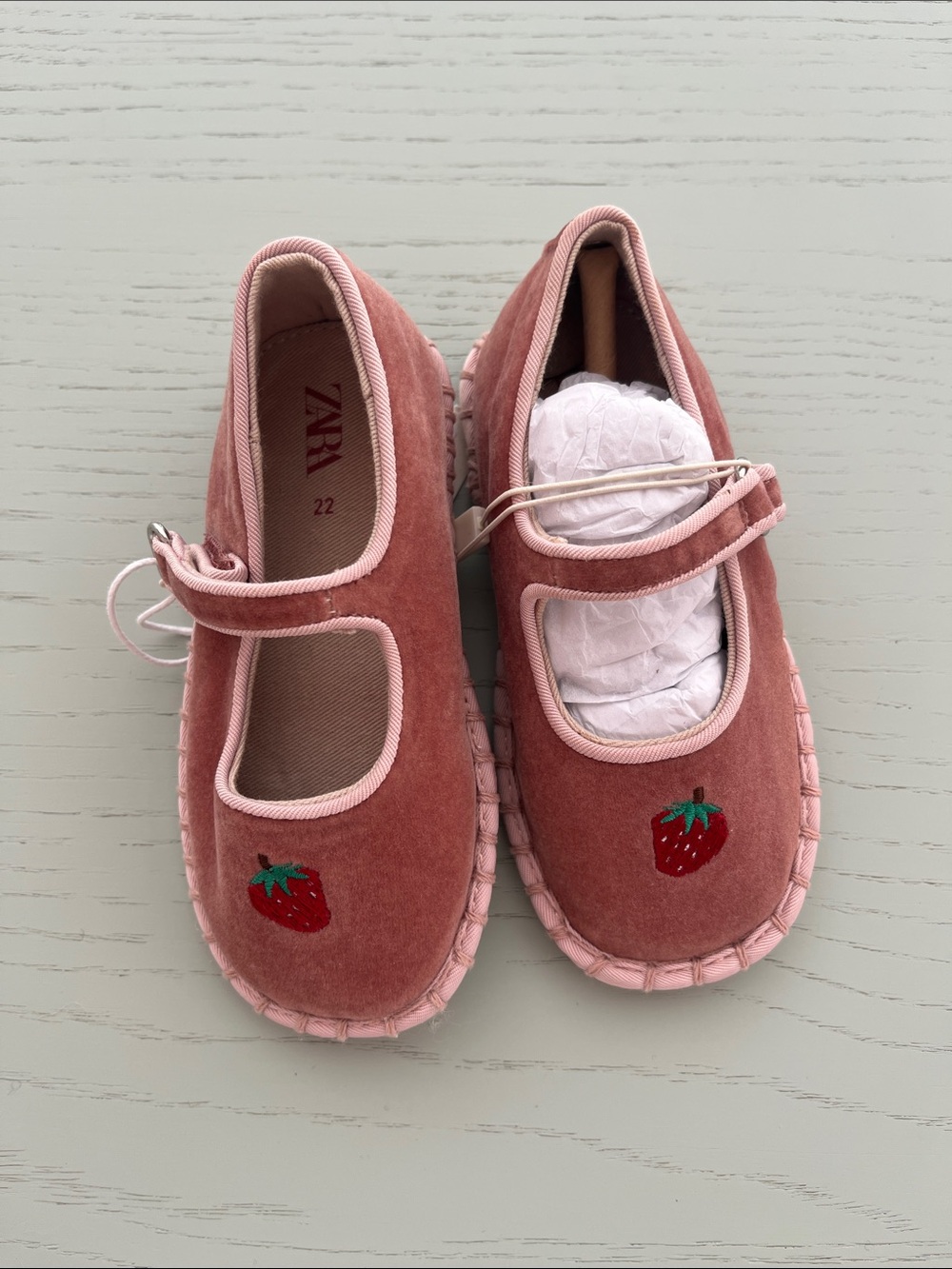 Zara Girls Pink Velvet Mary Jane Shoes with Strawberry Patch